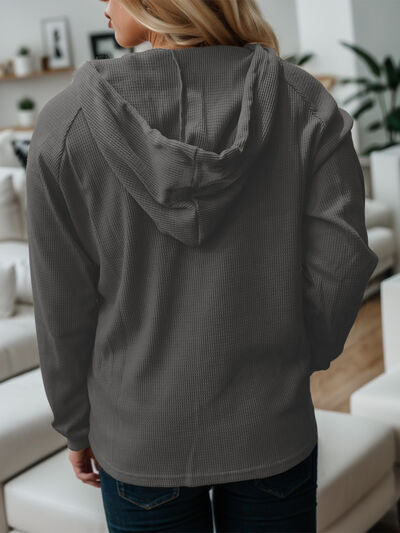 Waffle-Knit Drawstring Quarter Button Hoodie
